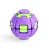 A purple and lime green 3D gear ball fidget toy with a spiral design.