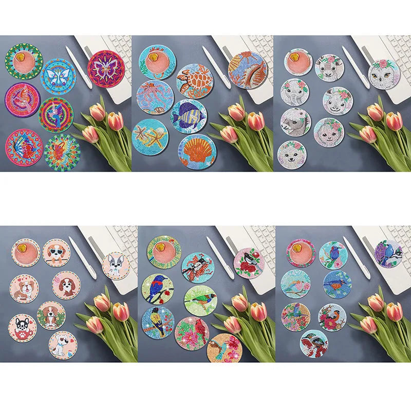 A collection of colorful DIY diamond art coasters featuring various animal designs and floral patterns.