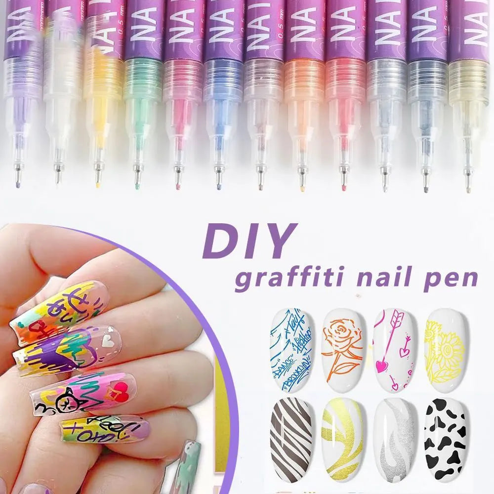 A collection of twelve precision nail art pens with fine 0.5mm tips displayed next to painted fingernails.