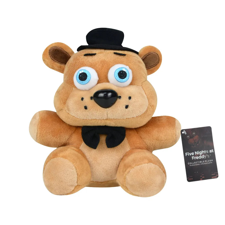 A plush toy of a brown bear character with large blue eyes and a black bowtie.