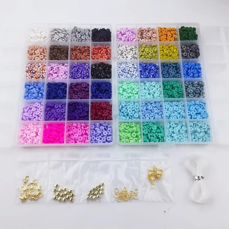 A kit of colorful flat round polymer clay beads in various shades and colors for DIY jewelry making