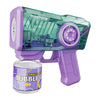 A purple light-up bubble gun with a clear chamber and a small cylinder of bubble solution.