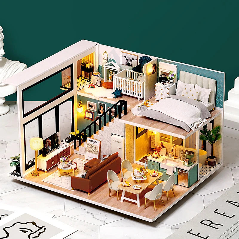 DIY Wooden Dollhouse Kit with Miniature Furniture – 3D Puzzle Craft Set