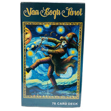 A box of a Van Gogh-inspired Tarot card deck featuring an illustration of a figure against a starry blue background.