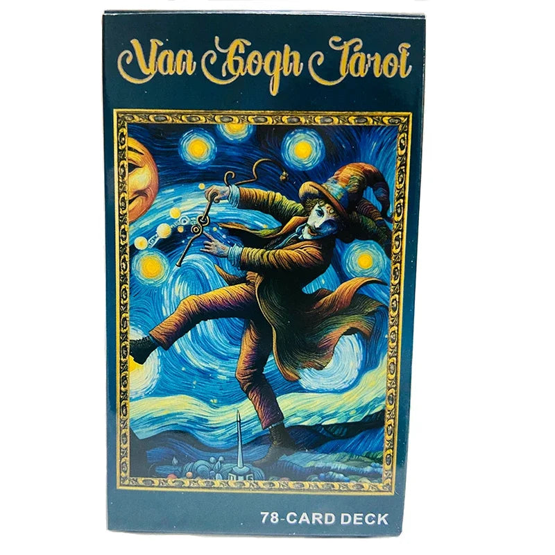 A box of a Van Gogh-inspired Tarot card deck featuring an illustration of a figure against a starry blue background.