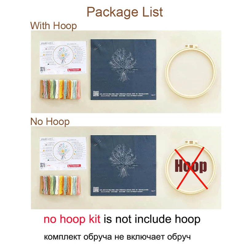 Beginner Embroidery Kit with Floral and Cat Patterns