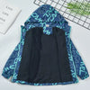 A dark blue and teal kids waterproof winter jacket with a hood displayed on a white surface.