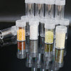 Clear storage case holding numbered glass bottles filled with various colored beads and labels