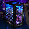 A box set for a cyberpunk theme featuring a detailed diorama of a futuristic city building with warm LED lighting.
