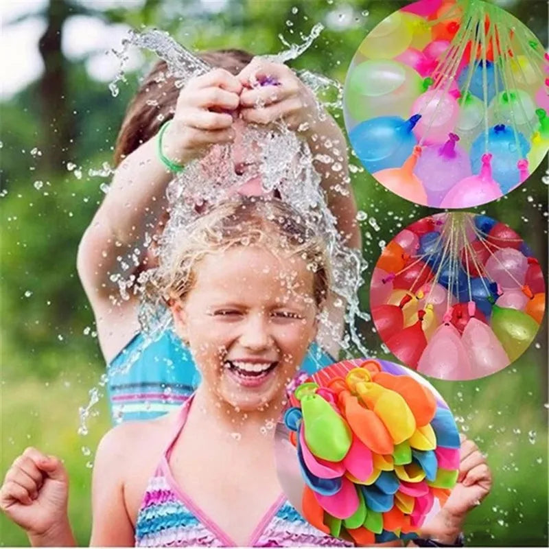 A smiling girl is splashing water balloons outdoors, with colorful balloons visible in the background.