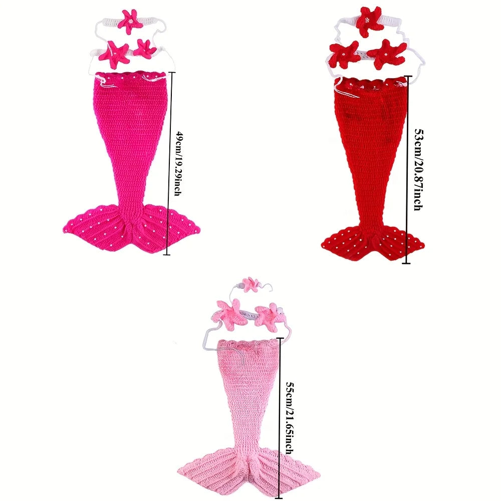 A pink knit mermaid tail skirt and matching headband set for a newborn photoshoot.