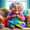 A smiling elderly woman with white curly hair and glasses is knitting on a sofa.