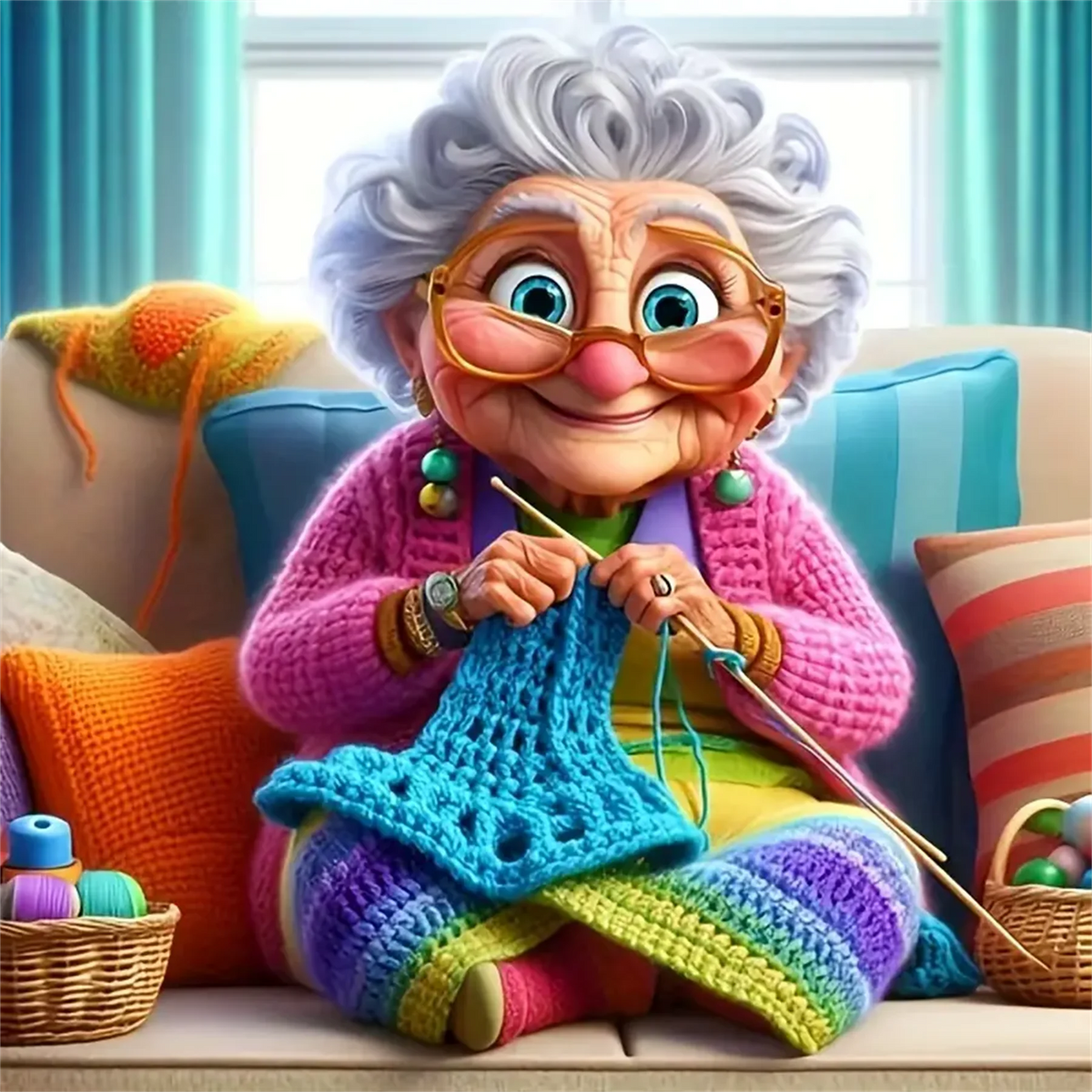 A smiling elderly woman with white curly hair and glasses is knitting on a sofa.