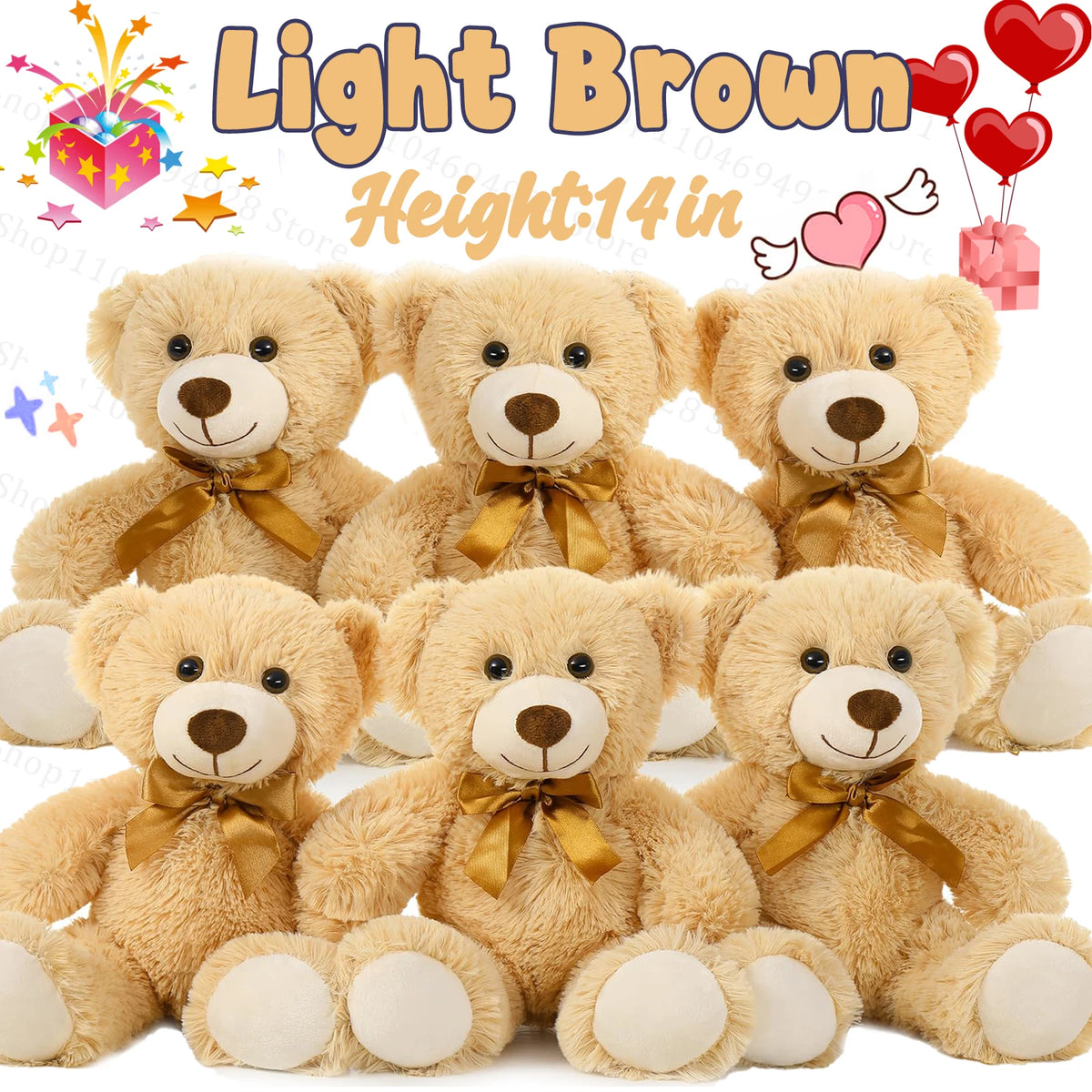 A collection of light brown teddy bears, including a large plush bear and several smaller ones.