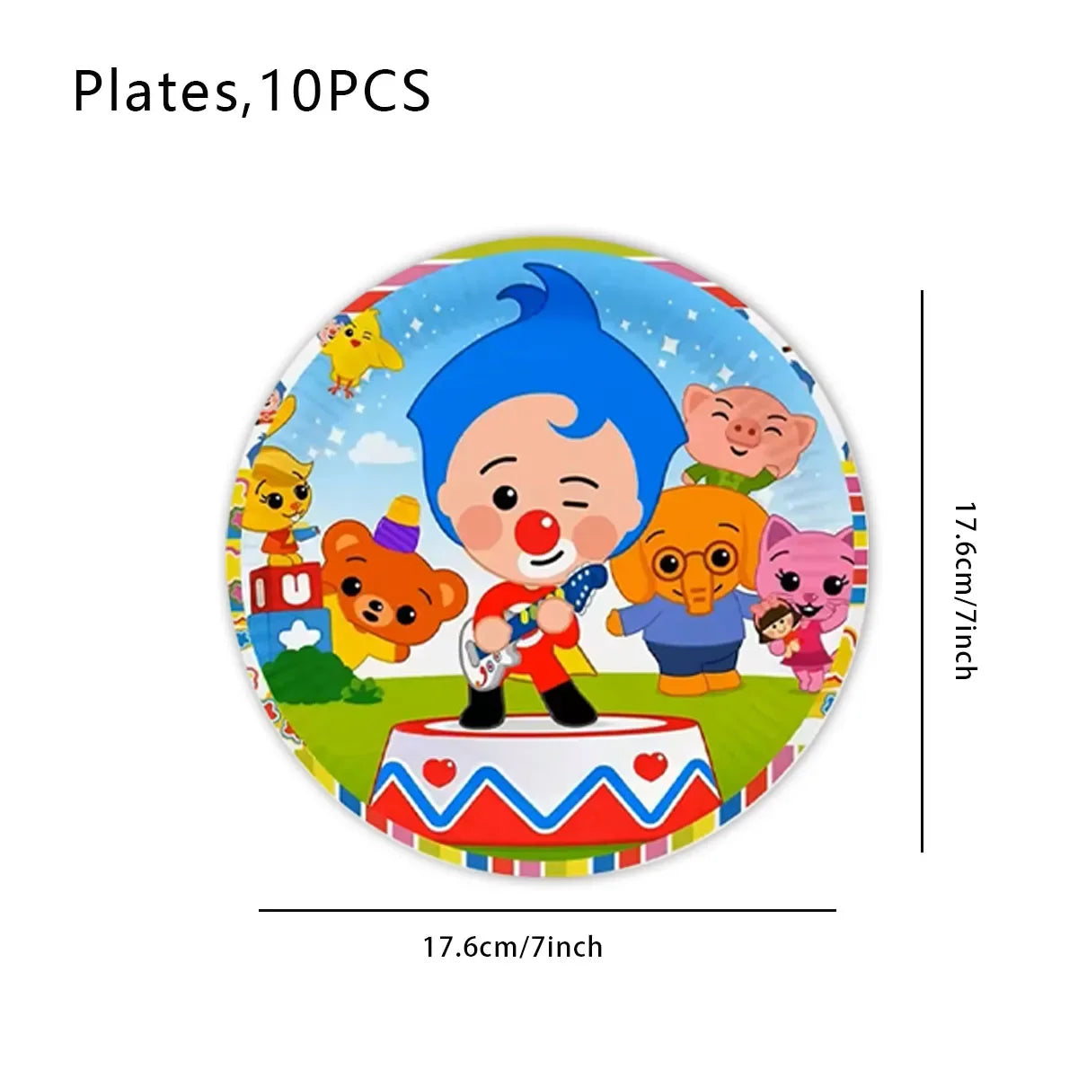 A colorful plate featuring cartoon circus clowns and animals for party decorations.