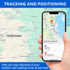 A smartphone displays a map showing tracking and positioning data, illustrating discreet GPS tracking insoles.