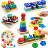 A collection of wooden geometric shape sorter puzzles and stacking toys in various colors and shapes.