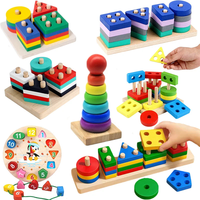 A collection of wooden geometric shape sorter puzzles and stacking toys in various colors and shapes.