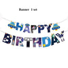 A banner spelling HAPPY BIRTHDAY made of outer space astronaut themed letters and decorations