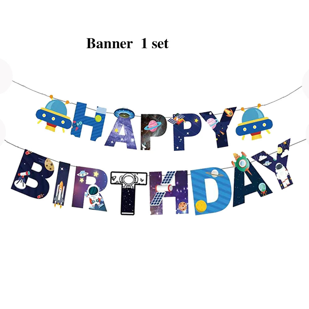 A banner spelling HAPPY BIRTHDAY made of outer space astronaut themed letters and decorations