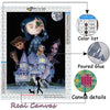 A detailed diamond painting kit featuring a family portrait of a mother, father, and child on a canvas.