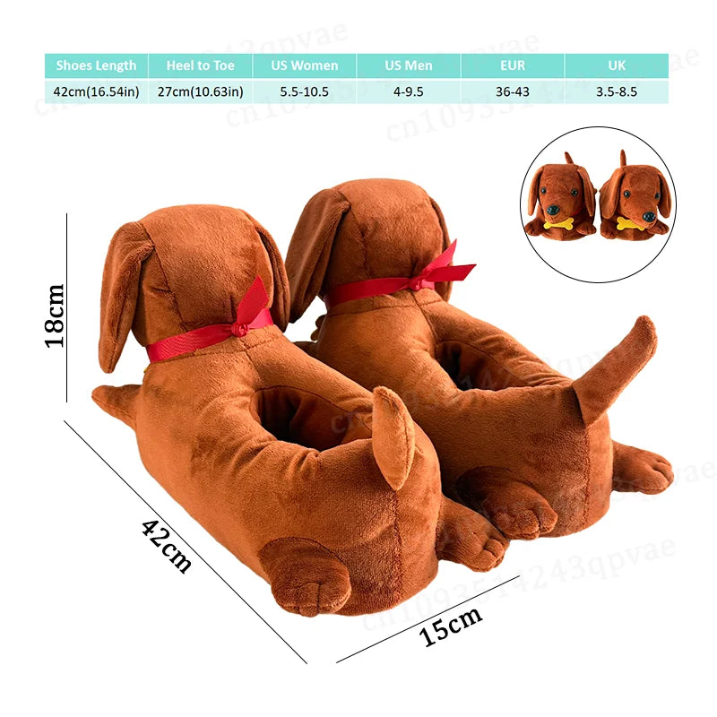 A pair of brown dachshund plush slippers shown with a size chart and close-up view.