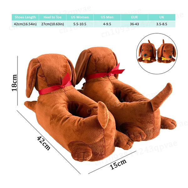 A pair of brown dachshund plush slippers shown with a size chart and close-up view.