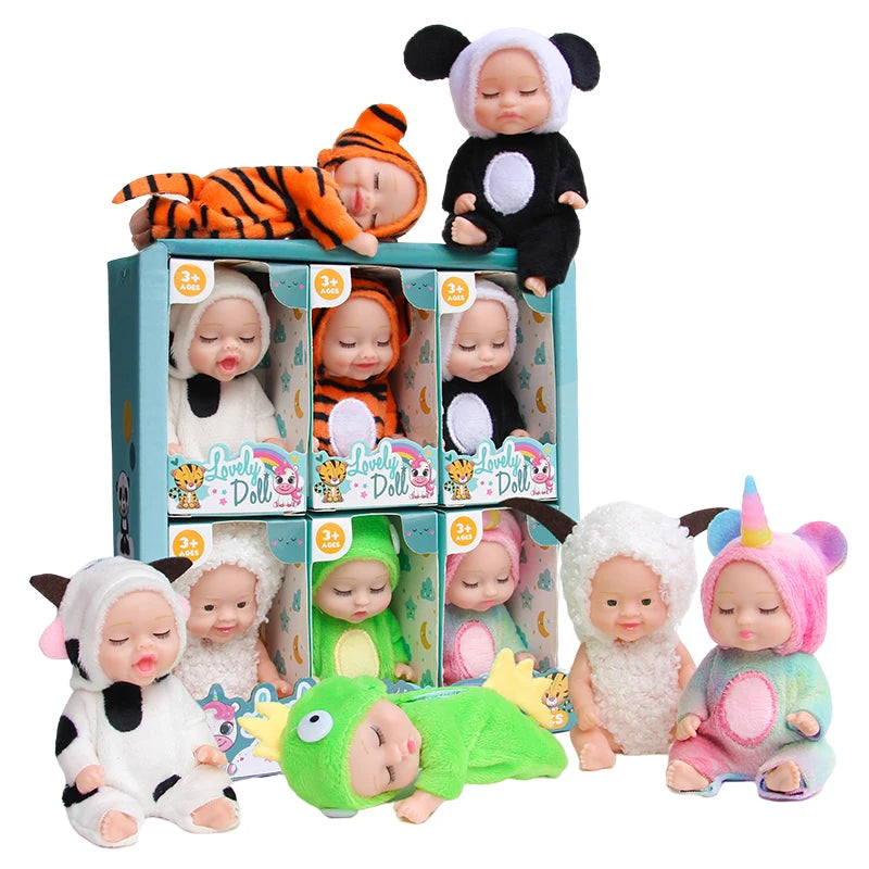 A set of realistic mini reborn baby dolls with various outfits and accessories.