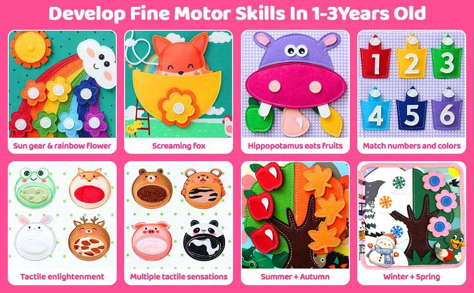 A collection of felt activities for toddlers including a sun gear, a screaming fox, an hippopotamus, various animals, and sea