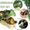 Un jeu de dinosaure vert avec une tête de dinosaure et divers éléments naturels.