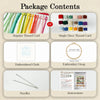 A package containing a DIY cross stitch starter kit with regular and single piece thread cards, embroidered cloth, a hoop, ne