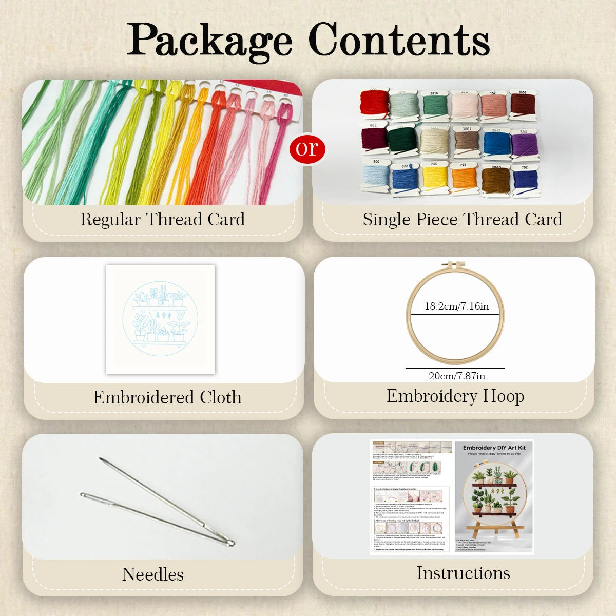 A package containing a DIY cross stitch starter kit with regular and single piece thread cards, embroidered cloth, a hoop, ne