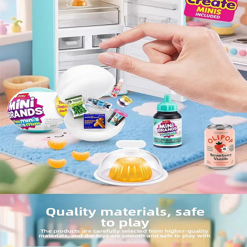 A hand is placing a mini food capsule into a white dish inside a miniature fridge playset.