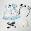 Vintage lace maid dress set for dolls featuring a light blue and white dress, black bow, and a black lace headband.
