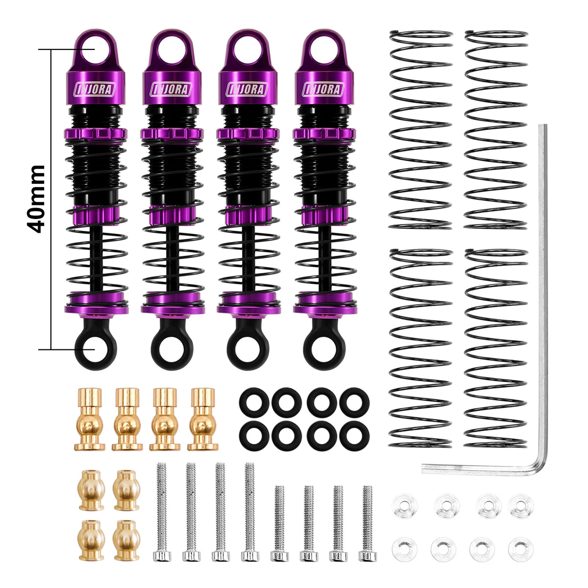 Set of heavy-duty big bore oil shocks for RC crawlers including shocks, springs, and various hardware components