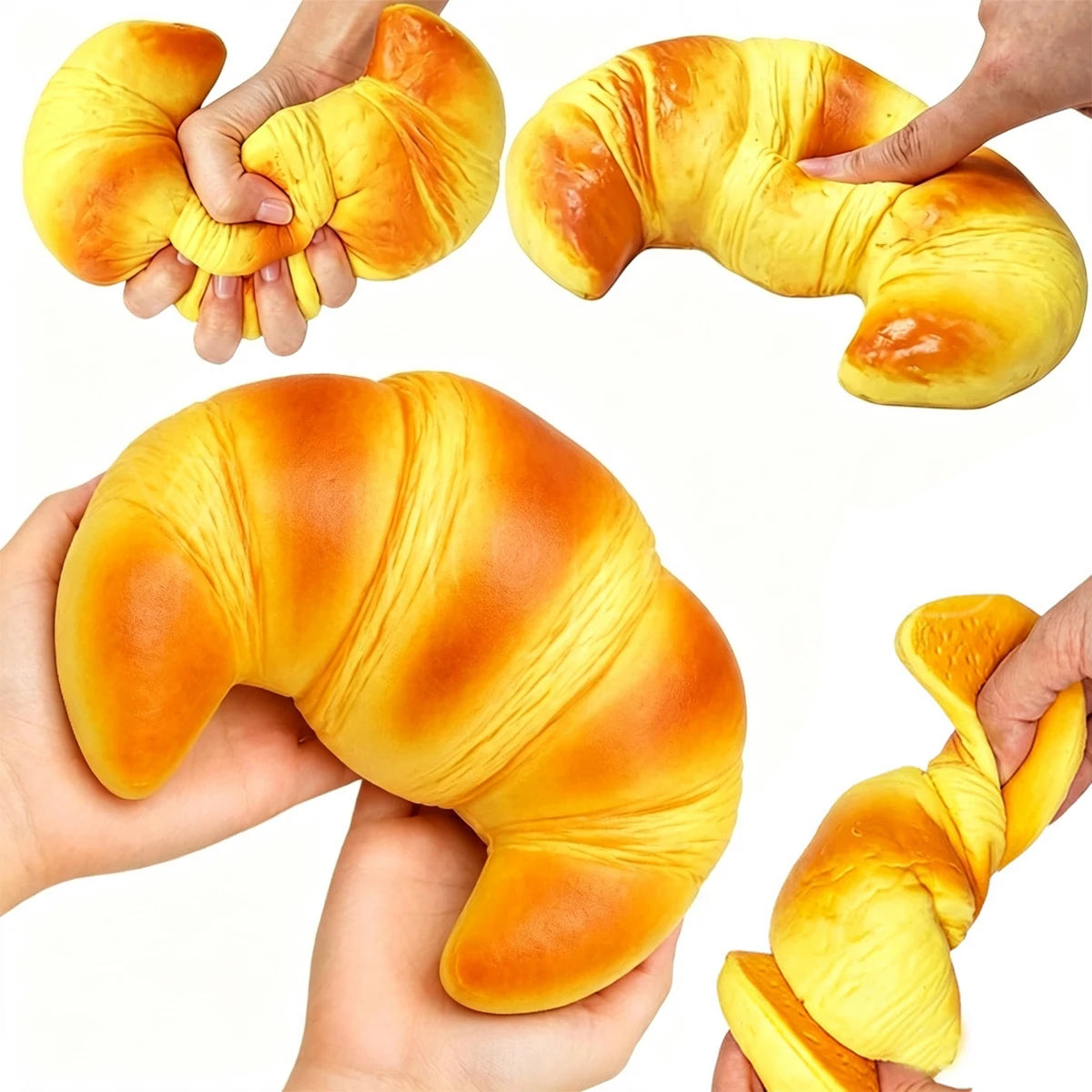 Hands are squeezing a yellow squishy croissant stress relief toy.