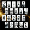 Une collection de cartes de tarot avec figures, symboles et scènes.