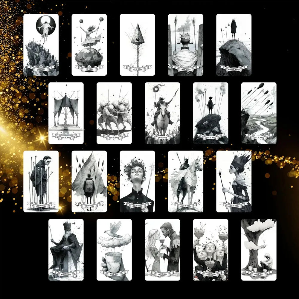 Une collection de cartes de tarot avec figures, symboles et scènes.