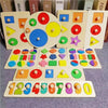 A wooden shape and color sorter puzzle with various colored shapes and a number sequence for toddlers.