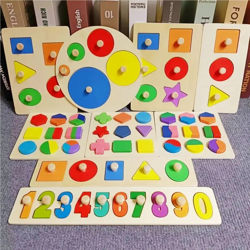 A wooden shape and color sorter puzzle with various colored shapes and a number sequence for toddlers.