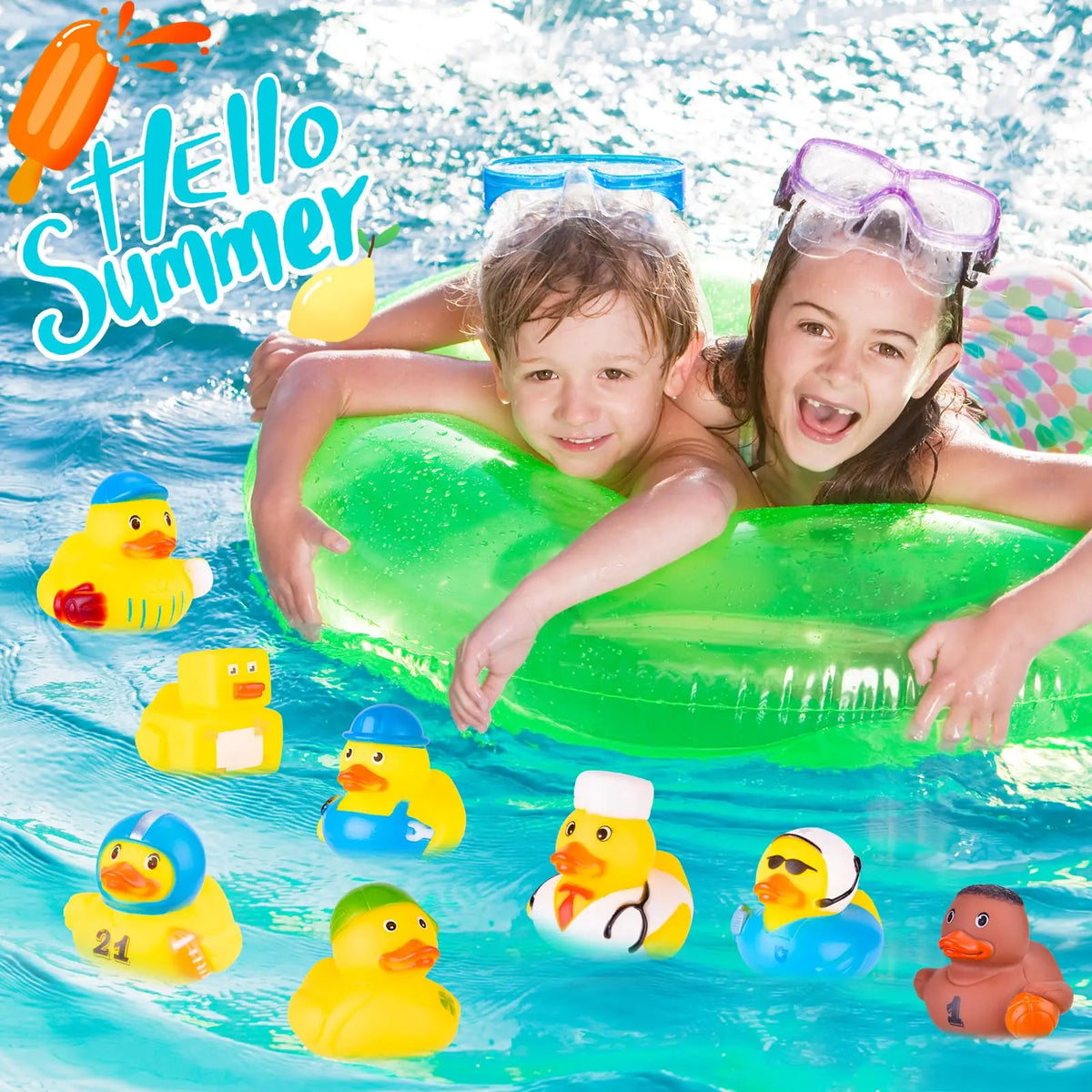 A child is floating on a green inflatable pool toy surrounded by various rubber ducks in blue, yellow, and orange.