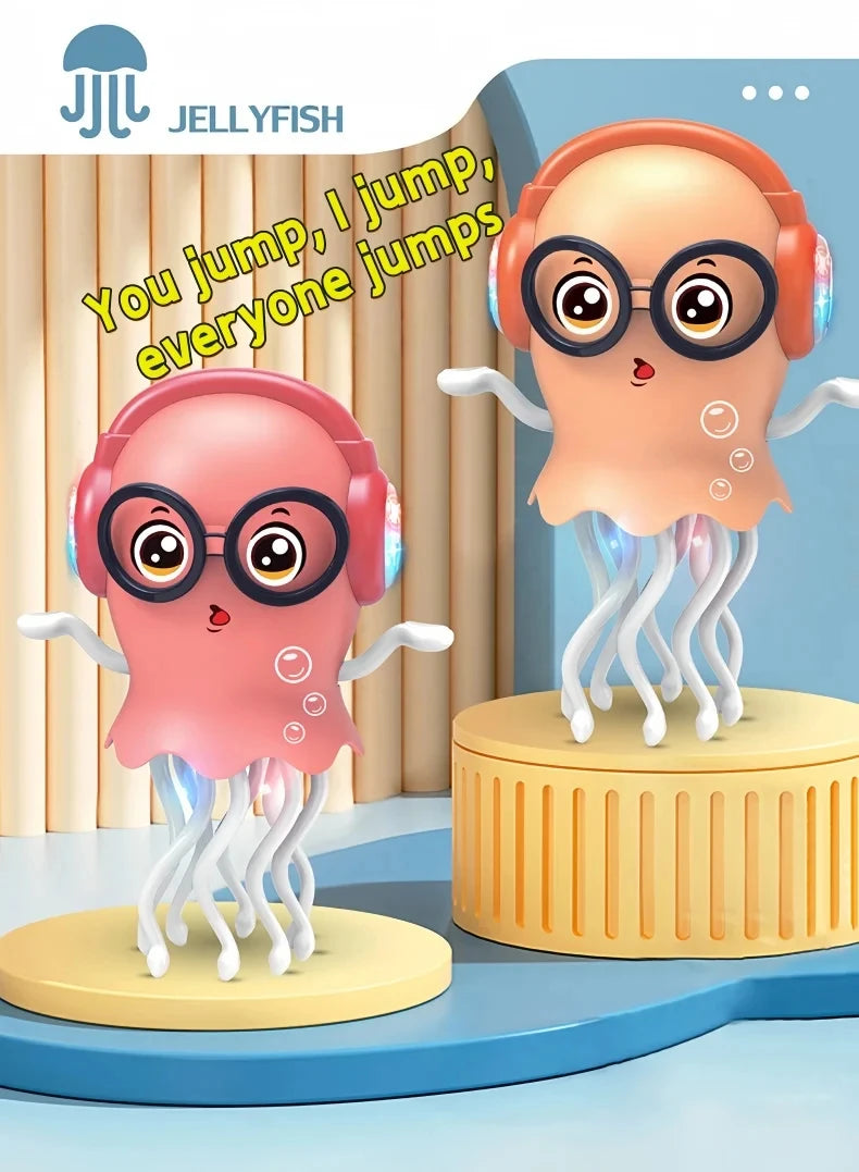 A pink jellyfish toy with large glasses and glowing lights standing on a yellow base.