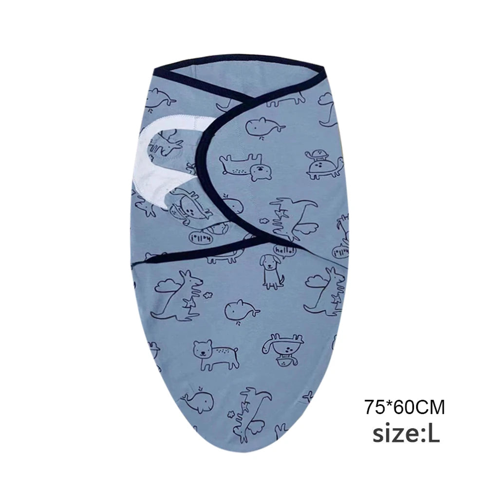 Light blue cotton newborn swaddle blanket featuring a pattern of cute animals and a black trim.