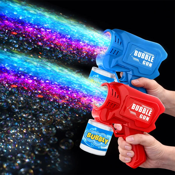 A hand holds a red bubble gun and a blue bubble gun, with colorful soap bubbles spraying in the background.