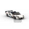A detailed model of a classic supercar built from building blocks, featuring white and black components.