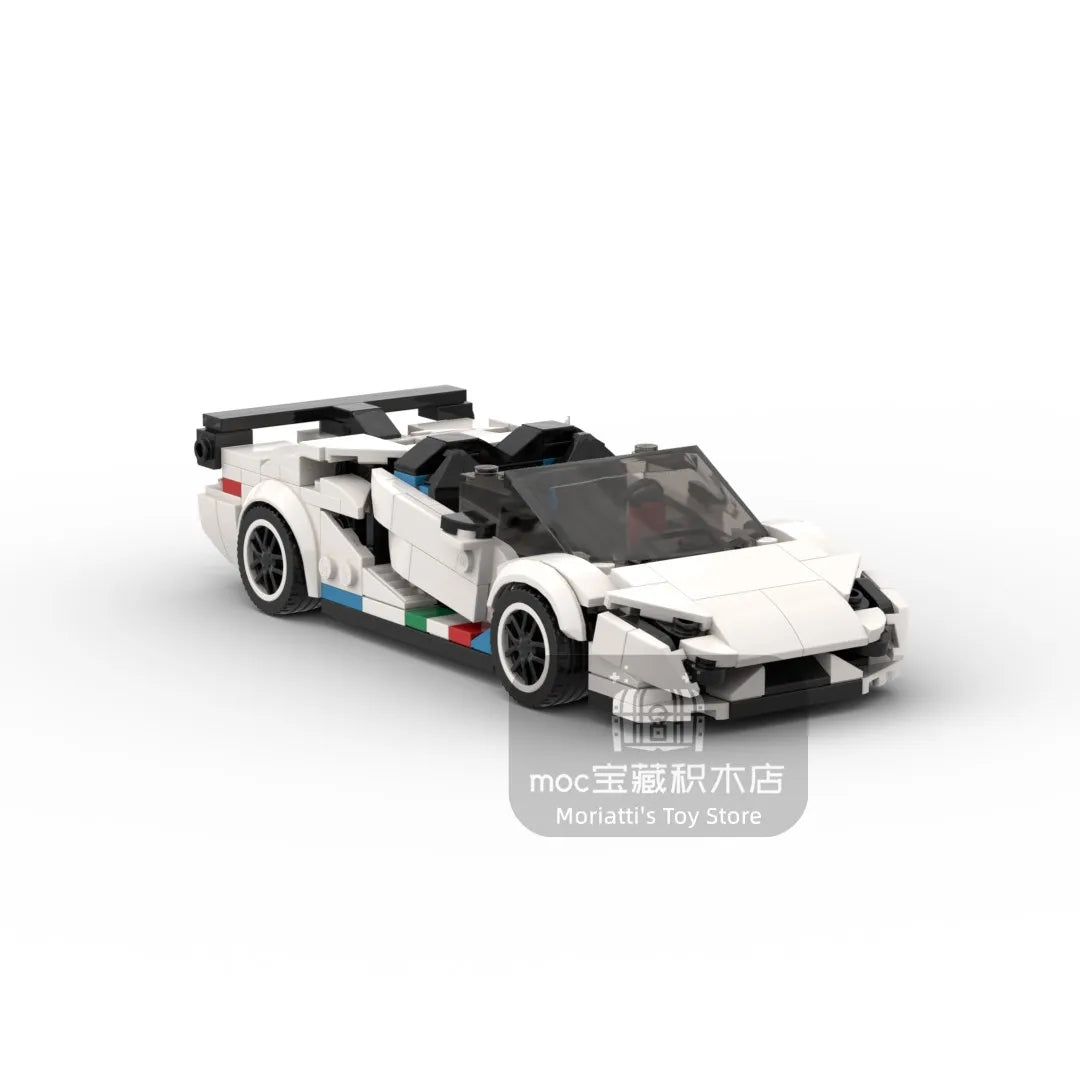 A detailed model of a classic supercar built from building blocks, featuring white and black components.