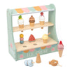 A wooden ice cream counter play set with two shelves holding various ice cream-themed toys.