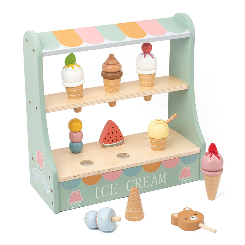 A wooden ice cream counter play set with two shelves holding various ice cream-themed toys.