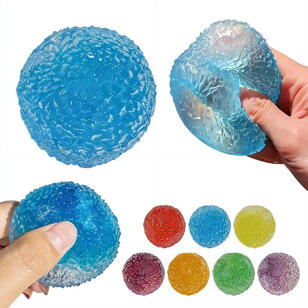 A collection of blue and multi-colored soft squeeze sensory stress relief fidget balls shown in various forms and colors.