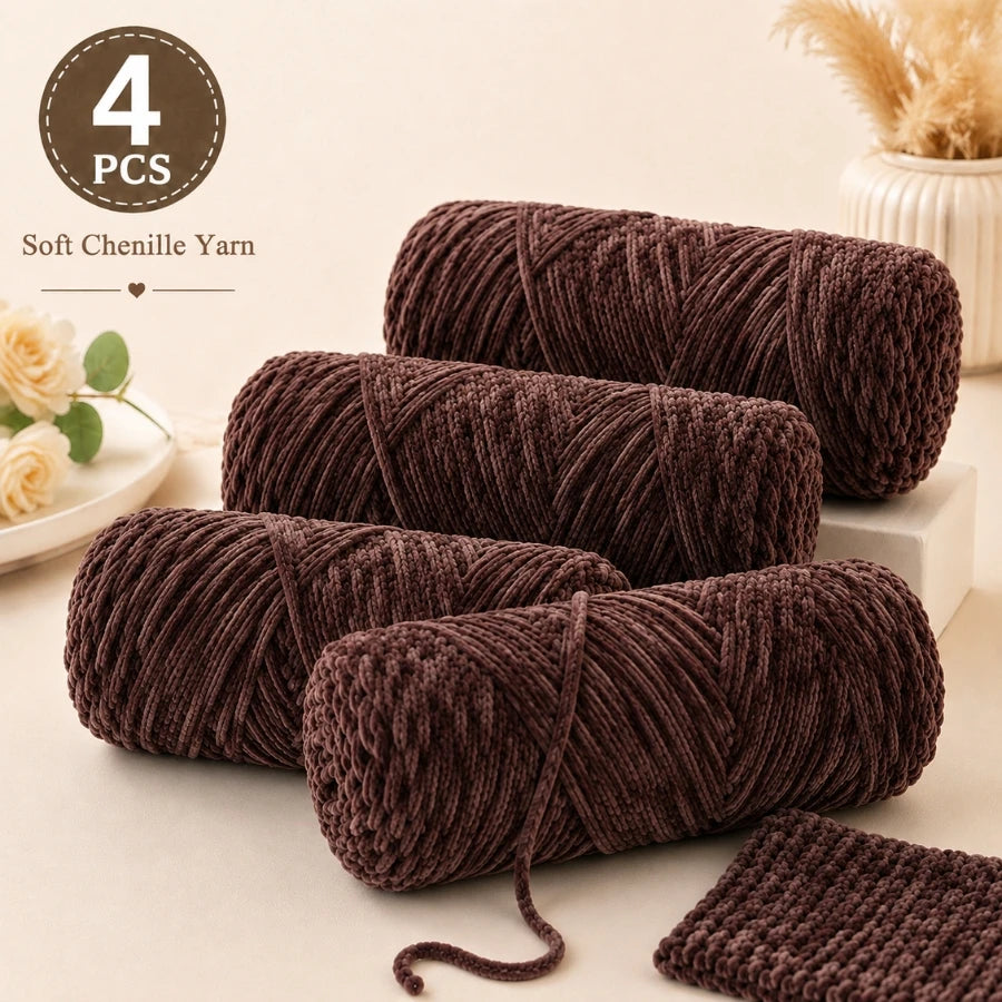 Four skeins of dark brown soft chenille yarn for crochet and knitting projects.